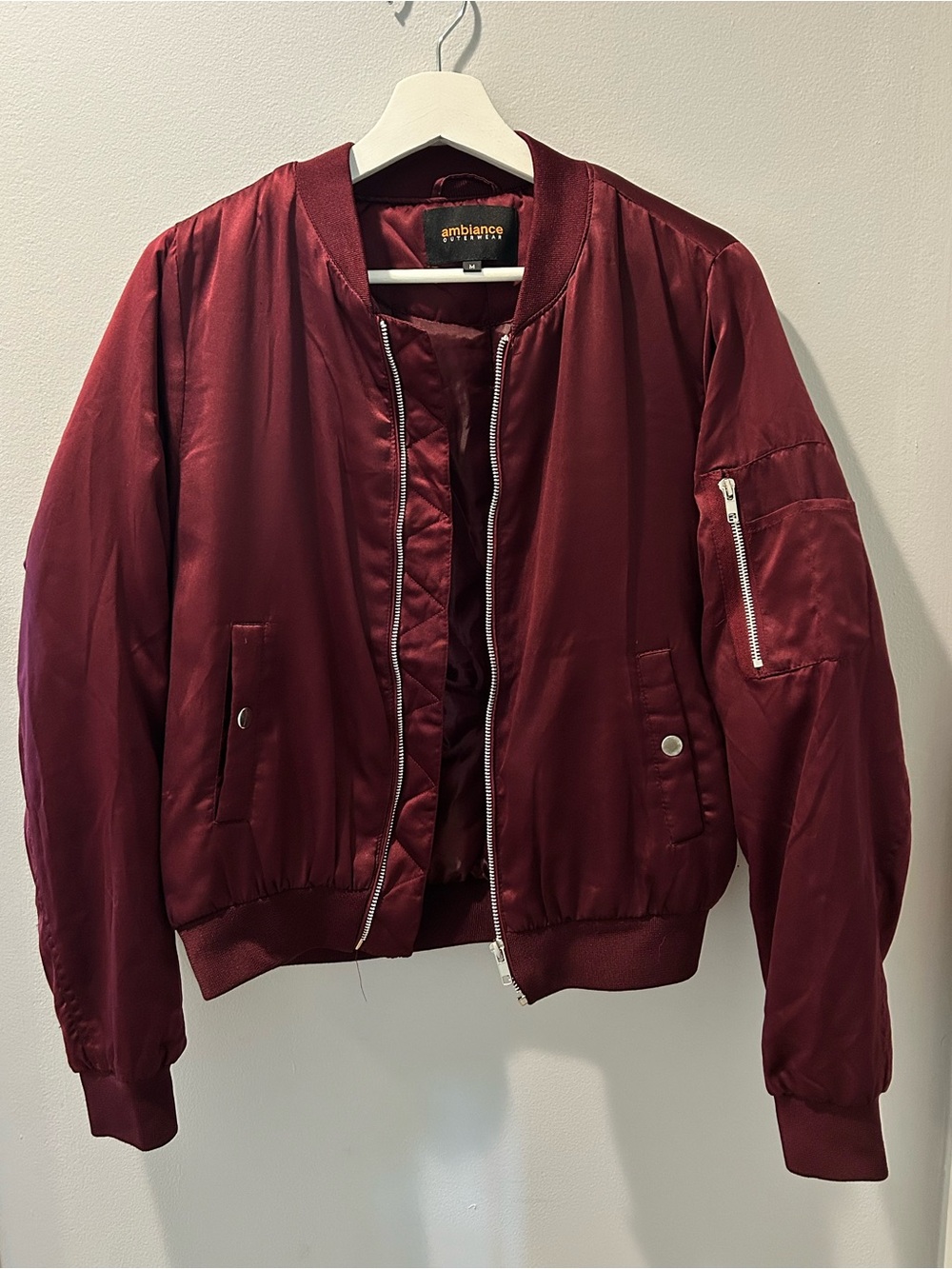 Ambiance Burgundy Satin Bomber Jacket